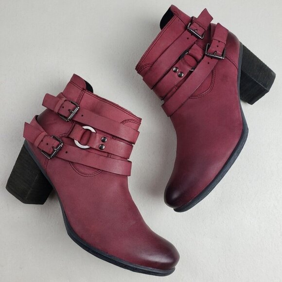 Josef Seibel Britney Moto Boot Womens 8-8.5 39 Red Leather Side Zip Heeled Ankle - Picture 1 of 13